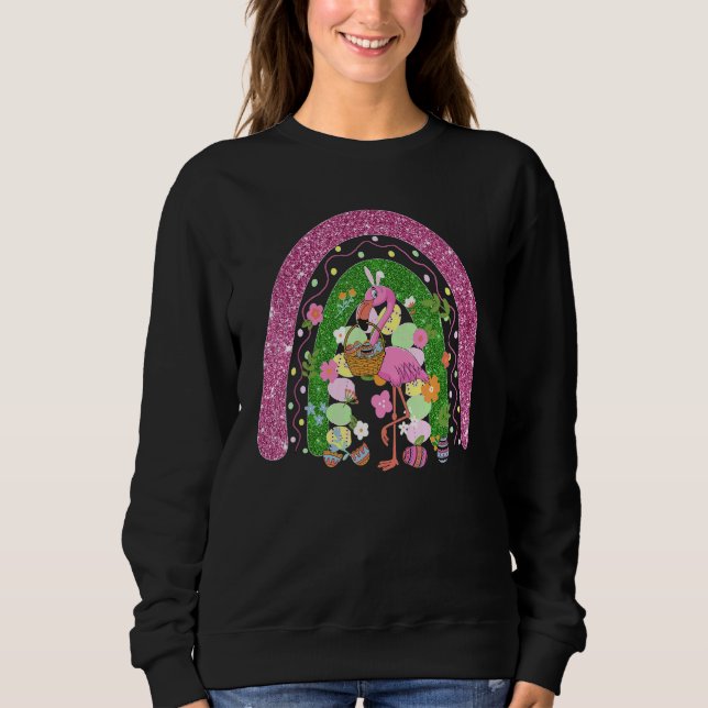 Happy Easter Rainbow Flamingo With Easter Egg Bask Sweatshirt (Front)