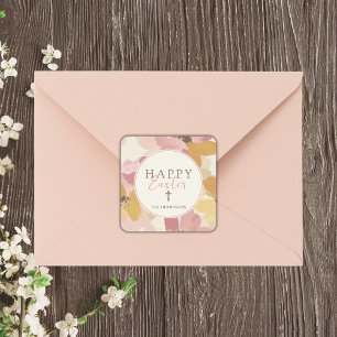Happy Easter Religious Modern Pink Floral Square Sticker