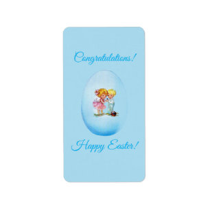 Happy Easter! Retro postcard, Easter egg, girl an Label