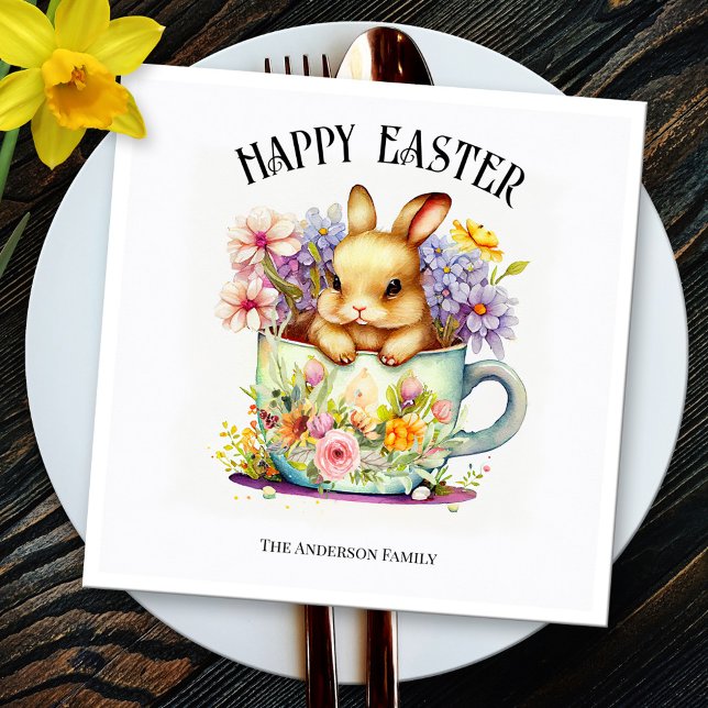 Happy Easter Retro Watercolor Bunny Napkin (Paper napkins featuring a retro watercolor painting of an Easter bunny with flowers)