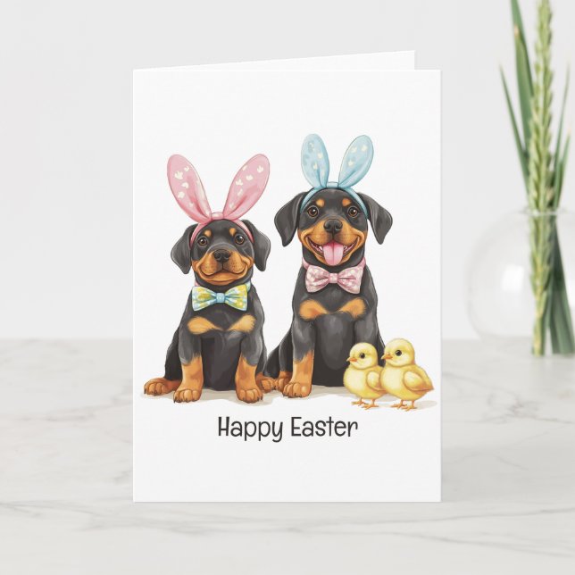 Happy Easter Rottweiler Dogs Bunny Ears Holiday Card (Front)