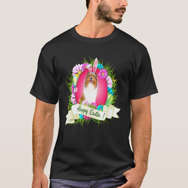 Happy Easter Rough Collie Wearing Bunny Ear Eggs C T-Shirt (Front)