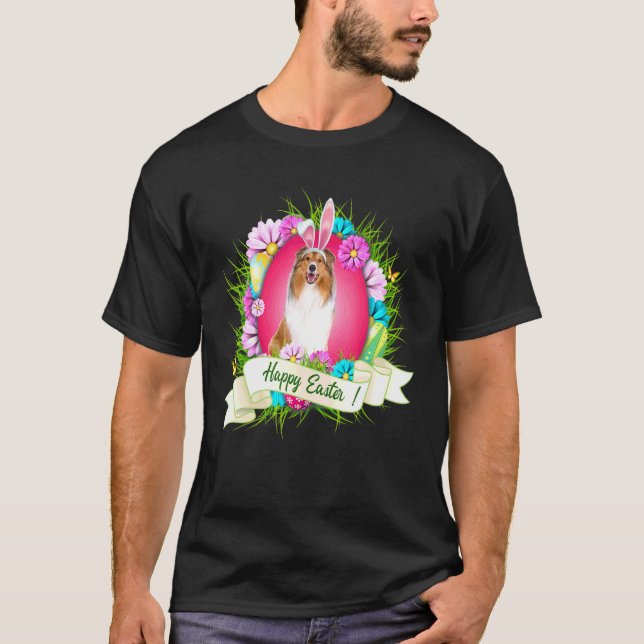 Happy Easter Rough Collie Wearing Bunny Ear Eggs C T-Shirt (Front)