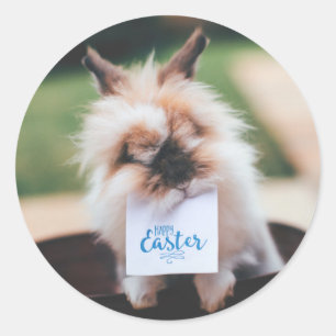 HAPPY EASTER ROUND STICKER CUSTOMIZABLE BUNNY