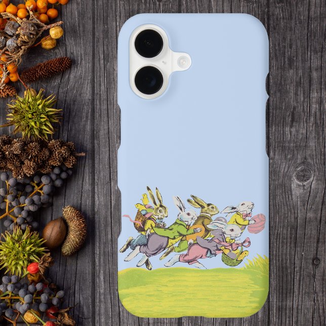 Happy Easter Running Pastel Rabbits (Bunch of Easter bunnies with baskets running acrosss grass under blue sky on phone case.)