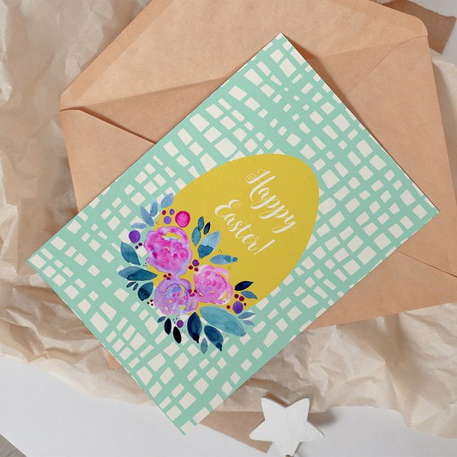 Happy Easter rustic plaid floral orange egg Card (Creator Uploaded)
