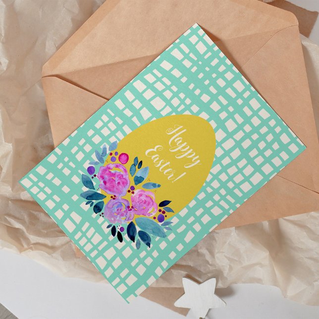 Happy Easter rustic plaid floral orange egg Holiday Card (Creator Uploaded)