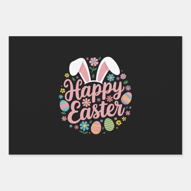 Happy Easter Sayings Egg Bunny Wrapping Paper Sheet (Front)