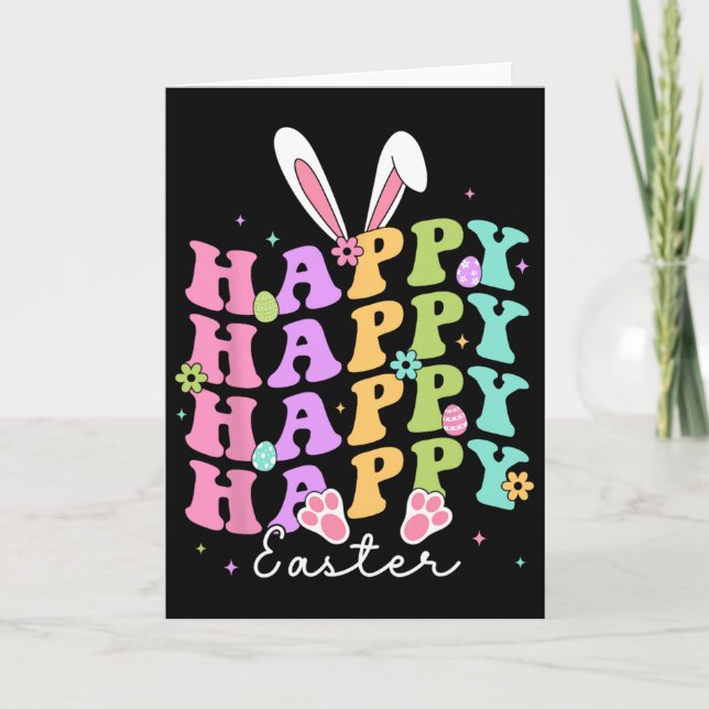 Happy Easter Sayings Egg Groovy Bunny Rabbit Kids  Card (Front)