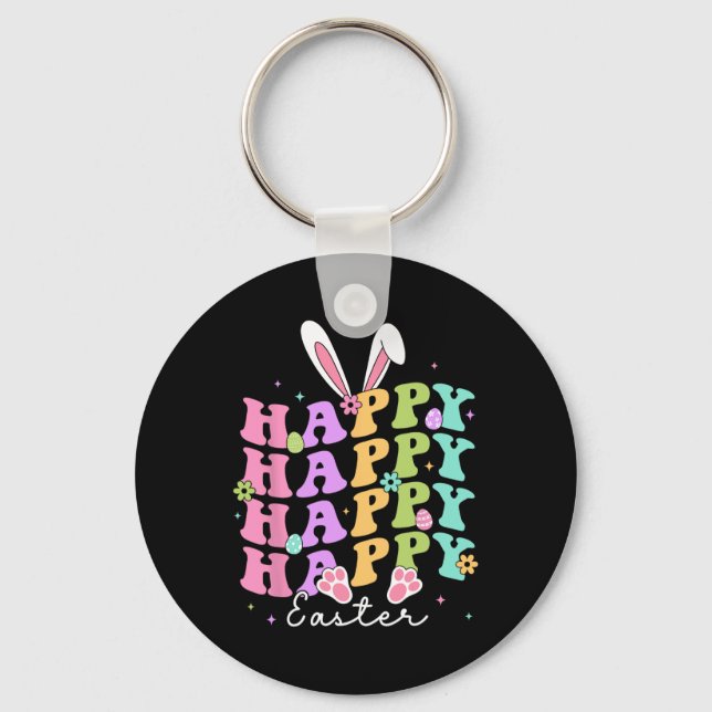 Happy Easter Sayings Egg Groovy Bunny Rabbit Kids  Key Ring (Front)