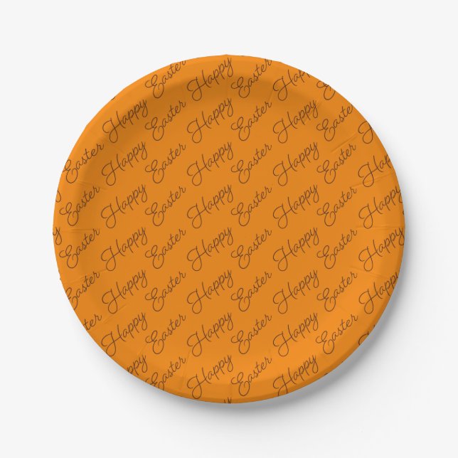 Happy Easter Script Brown on Orange Paper Plate (Front)