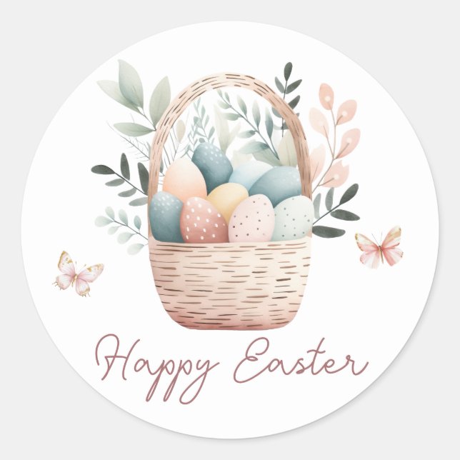 Happy Easter Script Egg Basket Classic Round Sticker (Front)