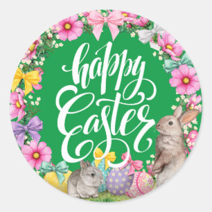 Happy Easter Script Floral Green Easter Bunny Egg  Classic Round Sticker