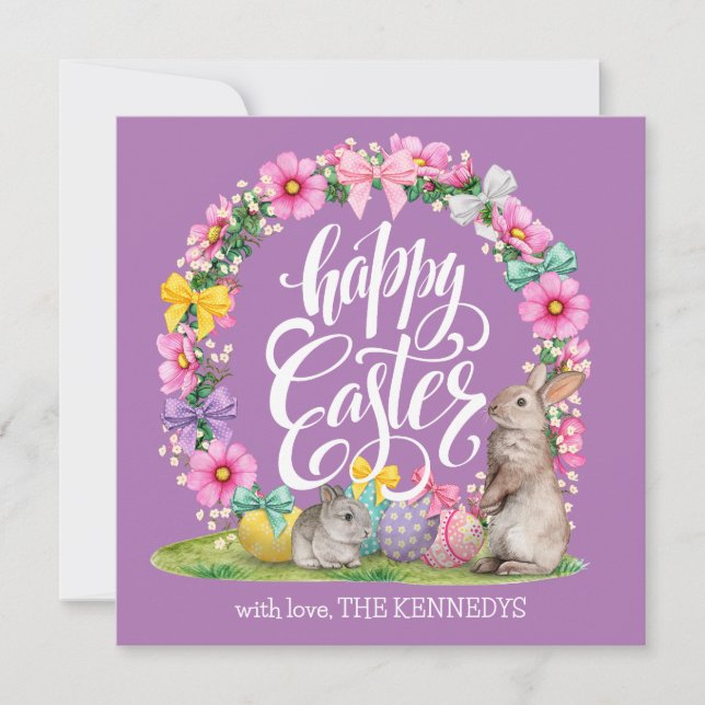 Happy Easter Script Floral lavender Easter Bunny  Holiday Card (Front)