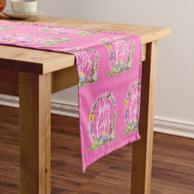 Happy Easter Script Floral Pink Easter Bunny Egg  Short Table Runner (In Situ)