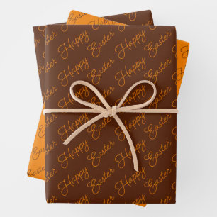 Happy Easter Script Orange and Brown Wrapping Paper Sheet