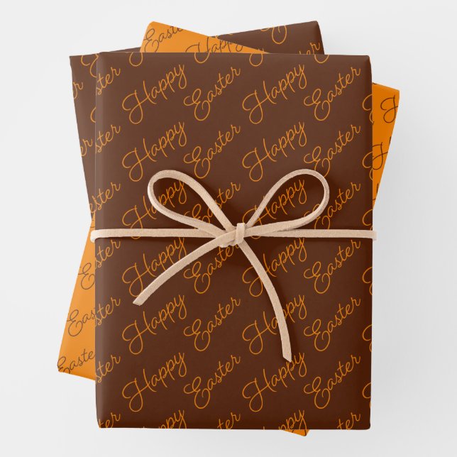 Happy Easter Script Orange and Brown Wrapping Paper Sheet (In situ)
