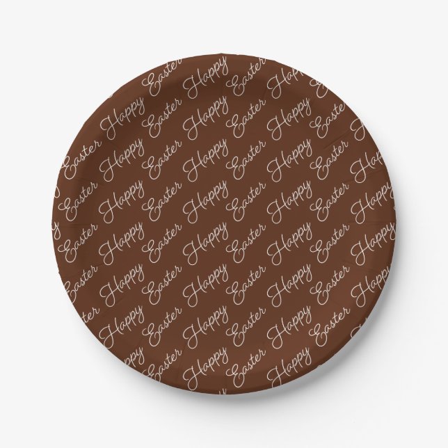 Happy Easter Script White on Brown Paper Plate (Front)