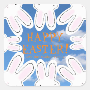 Happy Easter sky blue cute peeking bunnies fun Square Sticker