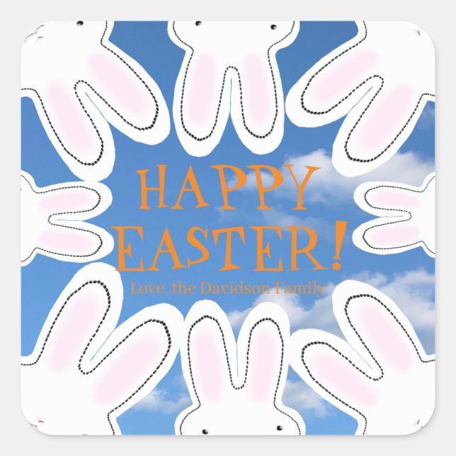 Happy Easter sky blue cute peeking bunnies fun Square Sticker (Front)