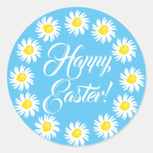 Happy Easter sky blue script cute daisy cheerful Classic Round Sticker