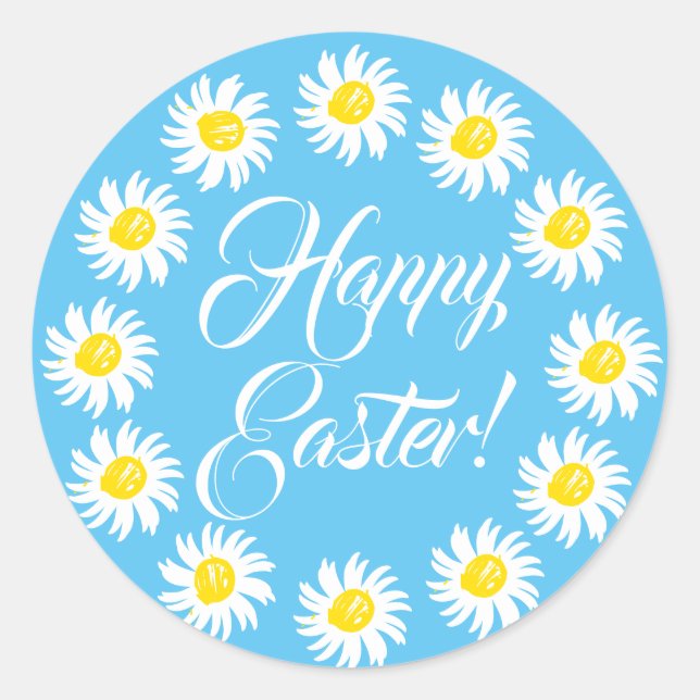 Happy Easter sky blue script cute daisy cheerful Classic Round Sticker (Front)