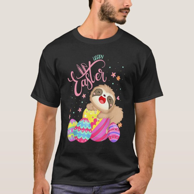 Happy Easter Sloth With Eggs Hunting Day Cute Bunn T-Shirt (Front)