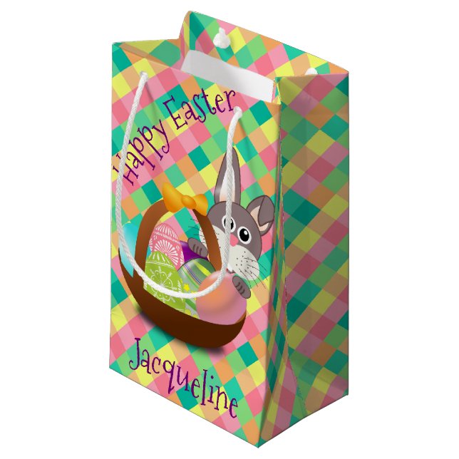 Happy Easter Spring Chequerboard Personalised Small Gift Bag (Front Angled)