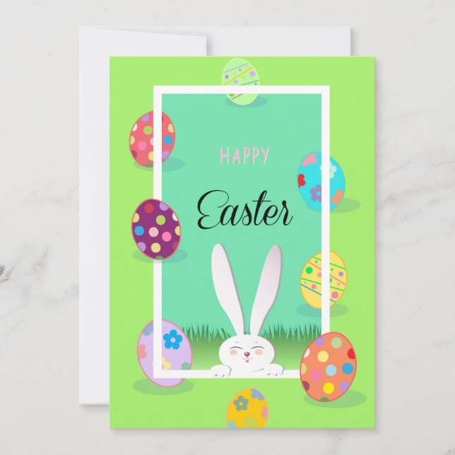 Happy Easter Spring Cute Bunny Easter Eggs Hunt Holiday Card (Front)