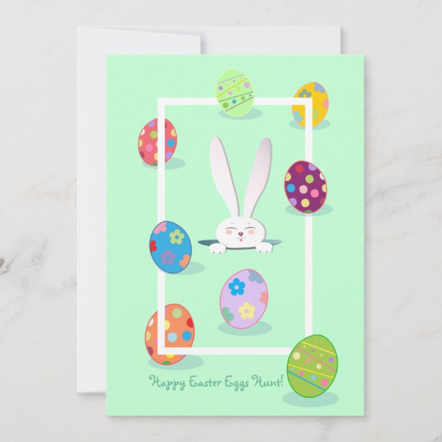 Happy Easter Spring Cute Bunny Easter Eggs Hunt Holiday Card (Front)