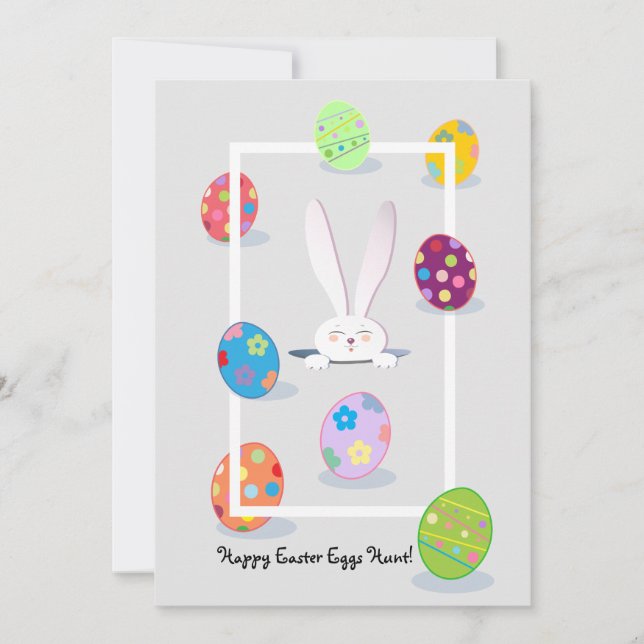 Happy Easter Spring Cute Bunny Easter Eggs Hunt Holiday Card (Front)