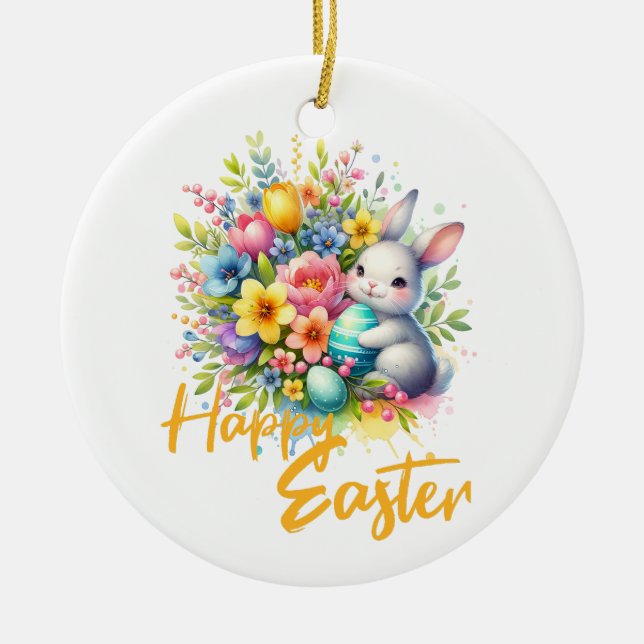 Happy Easter spring flower with cute bunny Ceramic Tree Decoration (Front)