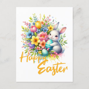 Happy Easter spring flower with cute bunny Holiday Postcard