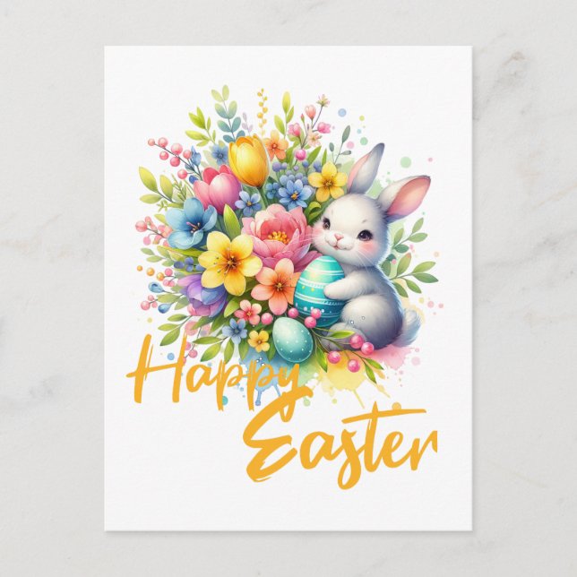 Happy Easter spring flower with cute bunny Holiday Postcard (Front)