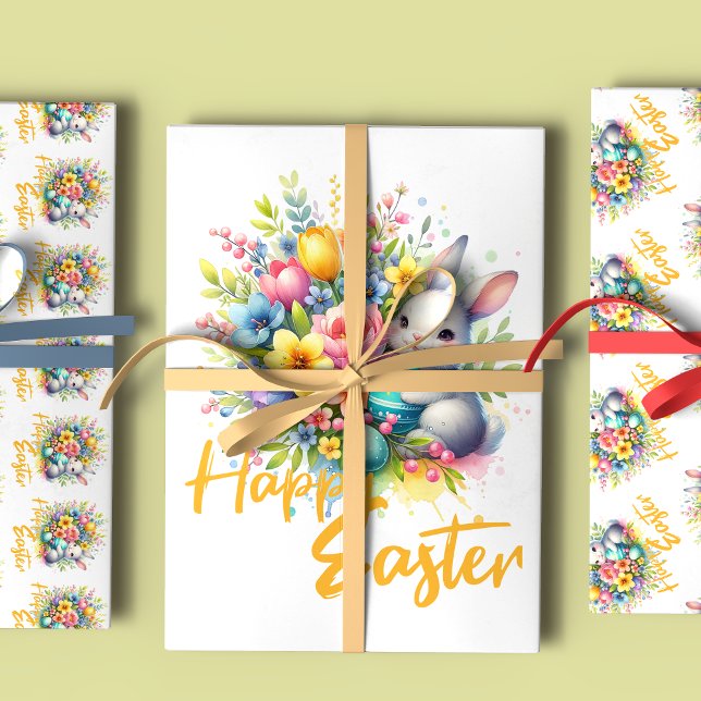 Happy Easter spring flower with cute bunny Wrapping Paper Sheet (Creator Uploaded)