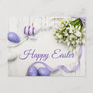 Happy Easter Spring Flowers, Purple Painted Eggs  Postcard