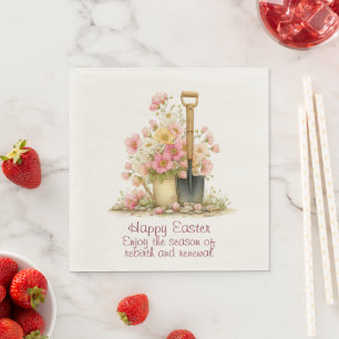 Happy Easter Spring Pink and Yellow Flowers Spade Napkin
