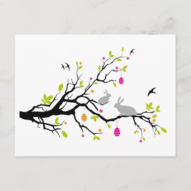 Happy Easter, spring tree with bunnies Holiday Postcard (Front)