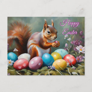 Happy Easter Squirrel with Easter Eggs, Flowers  Holiday Postcard