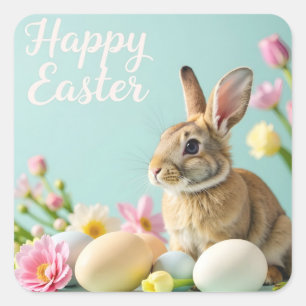 Happy Easter sticker with bunny and flowers