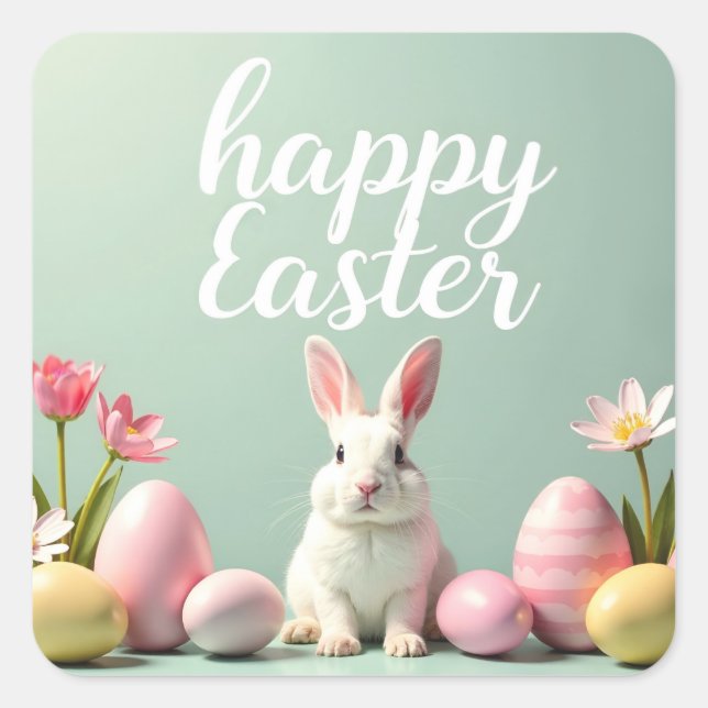 Happy Easter sticker with white bunny and eggs (Front)