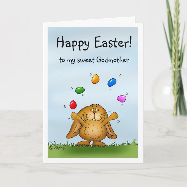 Happy Easter sweet Godmother -Cute Bunny juggling Holiday Card (Front)