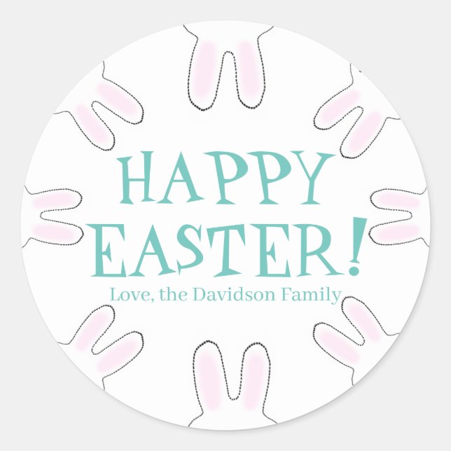 Happy Easter teal white custom cute bunnies fun Classic Round Sticker (Front)
