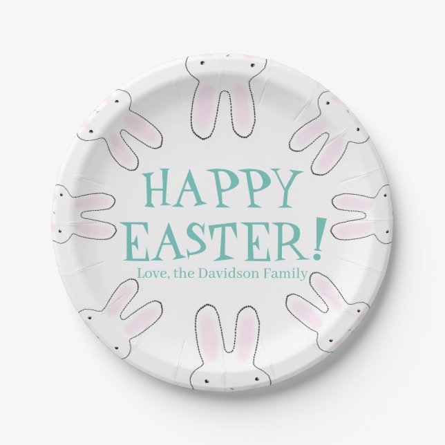 Happy Easter teal white custom text cute bunnies Paper Plate (Front)