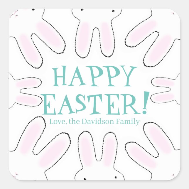 Happy Easter teal white custom text cute bunnies Square Sticker (Front)