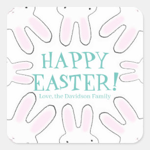 Happy Easter teal white custom text cute bunnies Square Sticker