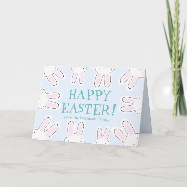 Happy Easter teal white cute bunny personalised  Card (Front)