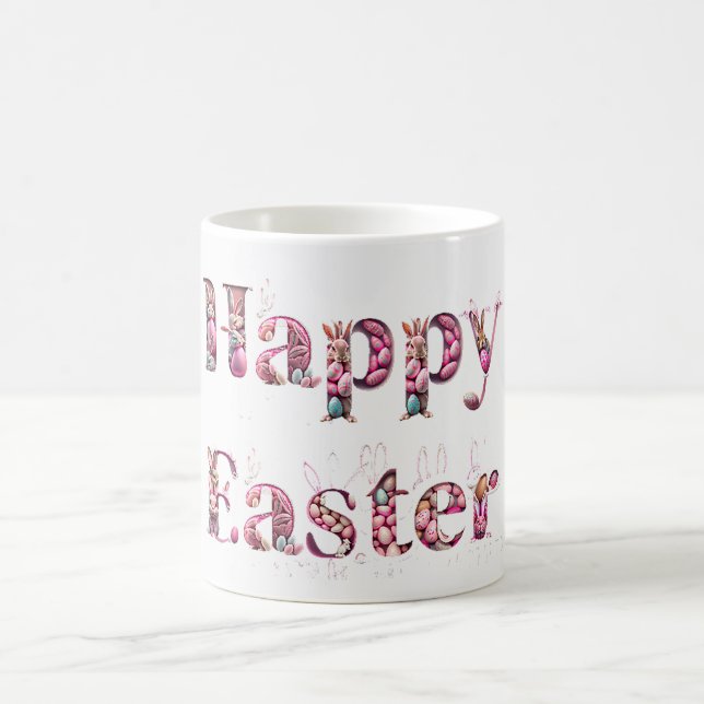 Happy Easter Text Bunnies Easter Eggs Coffee Mug (Center)