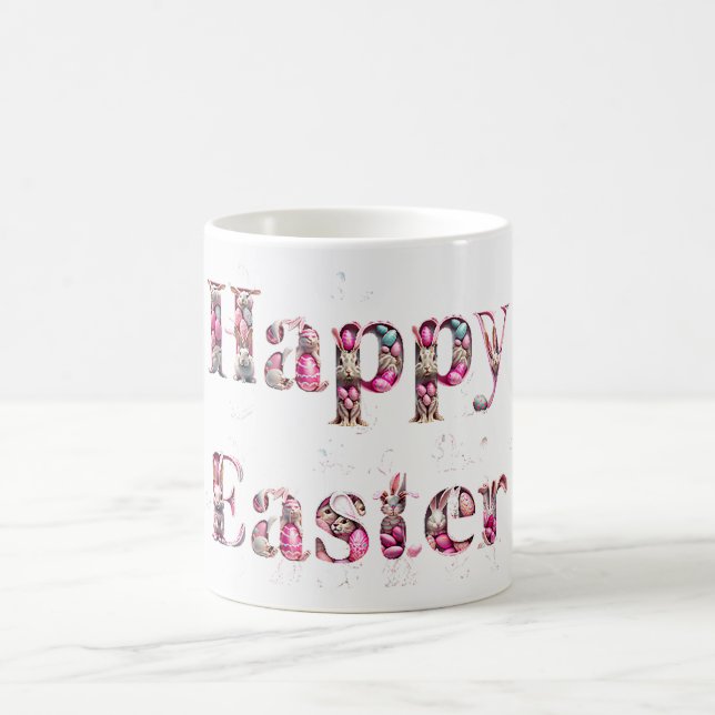Happy Easter Text Bunnies Easter Eggs Coffee Mug (Center)
