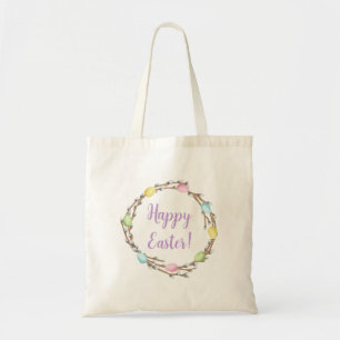 Happy Easter Text In Colorful Pastel Willow Wreath Tote Bag